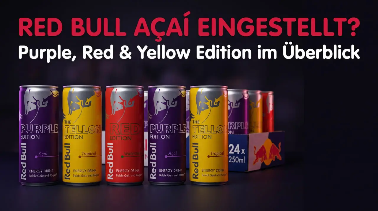 Lila Red Bull Purple Edition Açaí Dose neben der roten und der gelben Edition