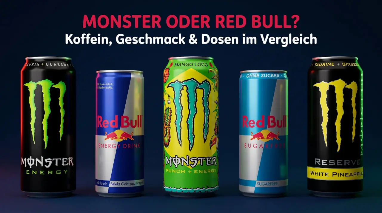 Kleine 250-ml-Dose Red Bull neben einer großen 500-ml-Dose Monster Energy im Größenvergleich