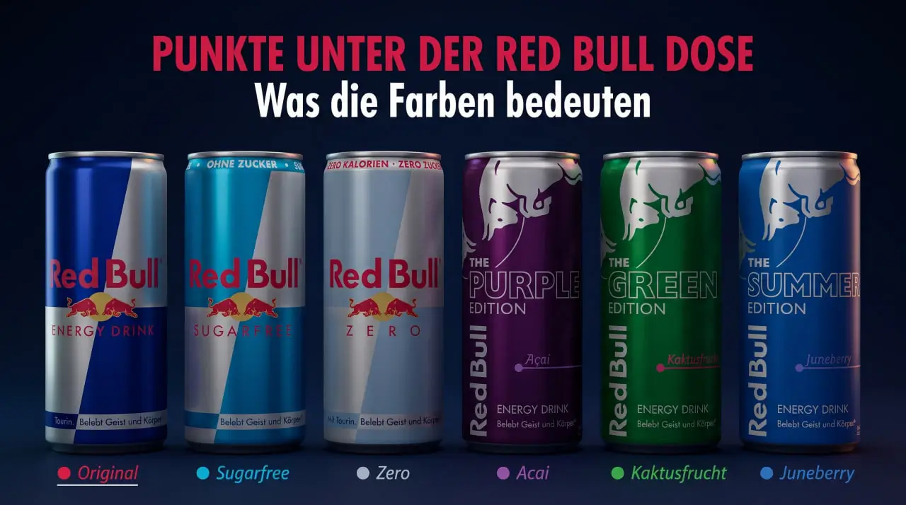 Umgedrehte Red Bull Dosen mit blauem, rotem und gelbem Farbpunkt auf dem Dosenboden
